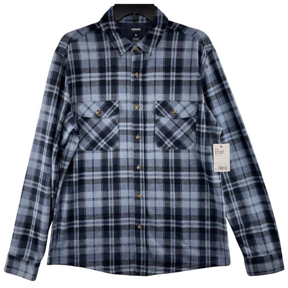 Sonoma Mens Size M Blue Plaid Supersoft Knit Shirt Polyester Blend